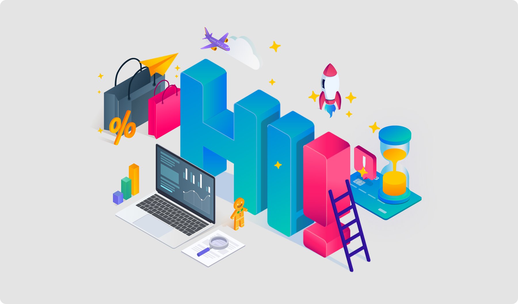 Colourful 2.5D isometric illustration of a tower built from icons, with a laptop, rocket, ladder and hourglass