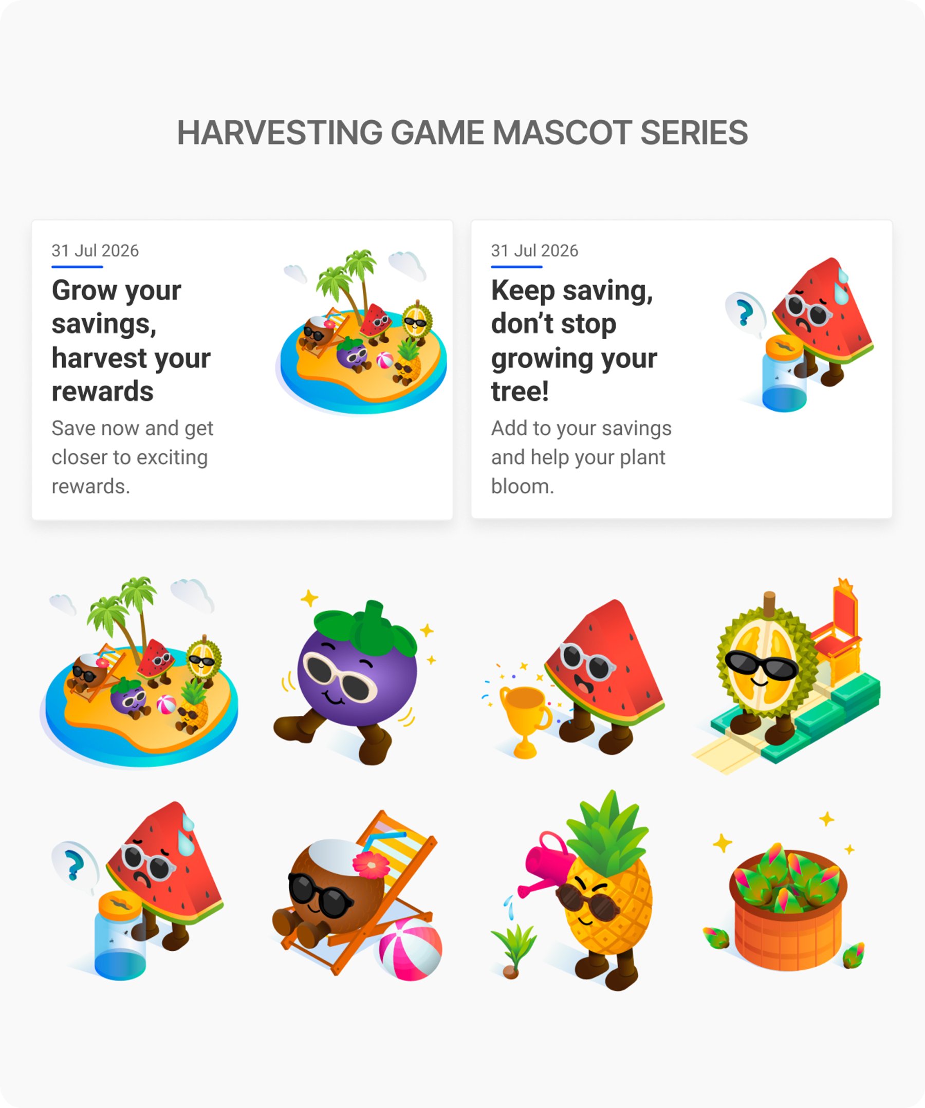 Harvesting Game mascot series: campaign cards and a grid of fruit mascot icons