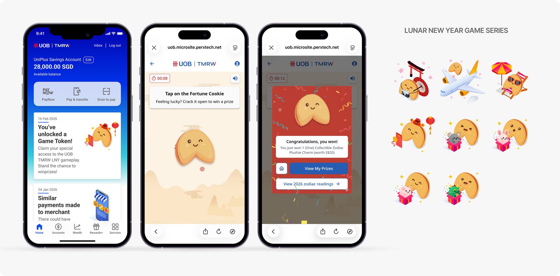 UOB TMRW Lunar New Year game: three app screens showing a fortune cookie mini-game, alongside a set of ten fortune cookie mascot stickers in zodiac and travel costumes