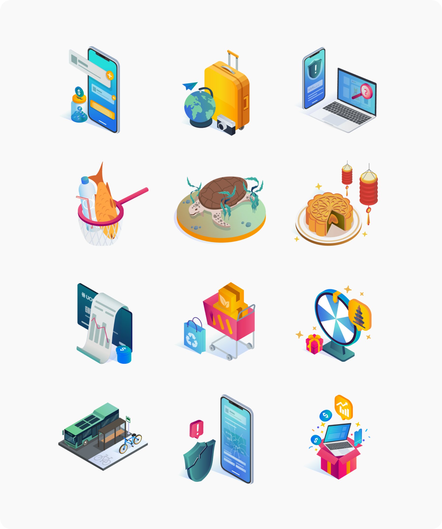 Grid of UOB app icons illustrating onboarding, travel, security, festive and lifestyle moments