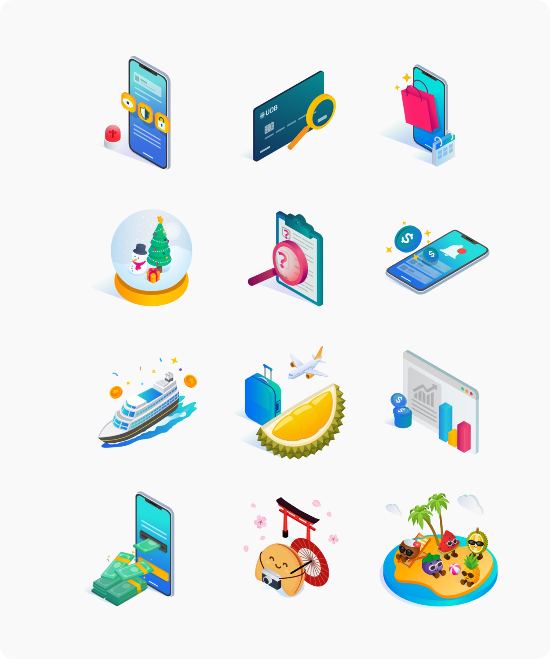 Grid of UOB app icons illustrating alerts, cards, shopping, travel and seasonal moments