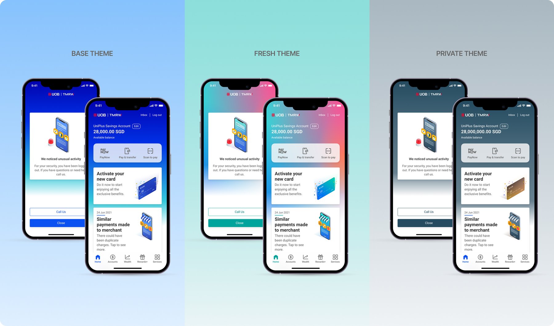 Three UOB banking app screens shown in base, fresh and private colour themes